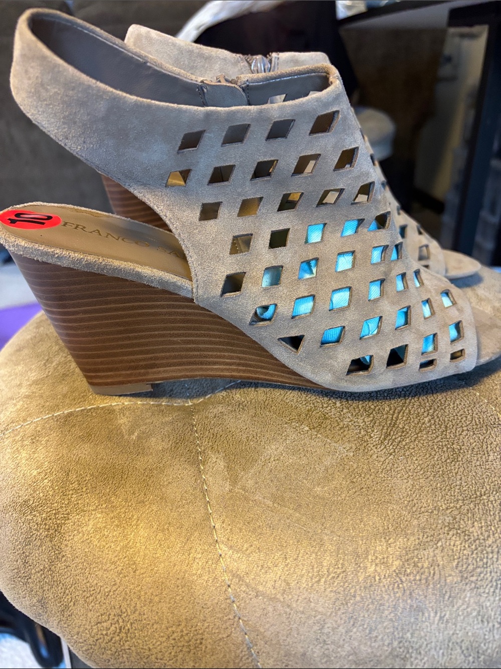 Franco Sarto Taupe Suede Cutout Wedge Sandals